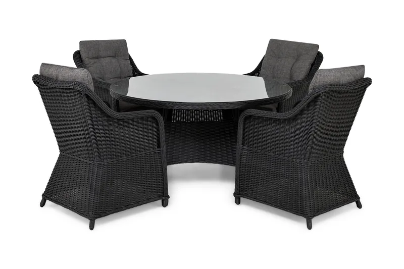 Marcus Spisegruppe 140 Rund + 4 Lenestoler m Pute - Svart - Hagemøbler - Hagegruppe - Spisegrupper hage