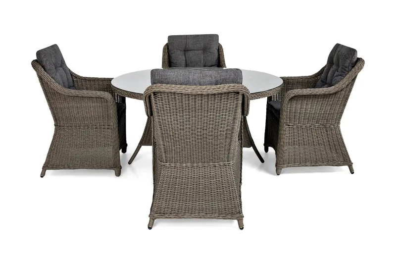 Marcus Spisegruppe 140 Rund + 4 Lenestoler m Pute - Grå - Hagemøbler - Hagegruppe - Spisegrupper hage