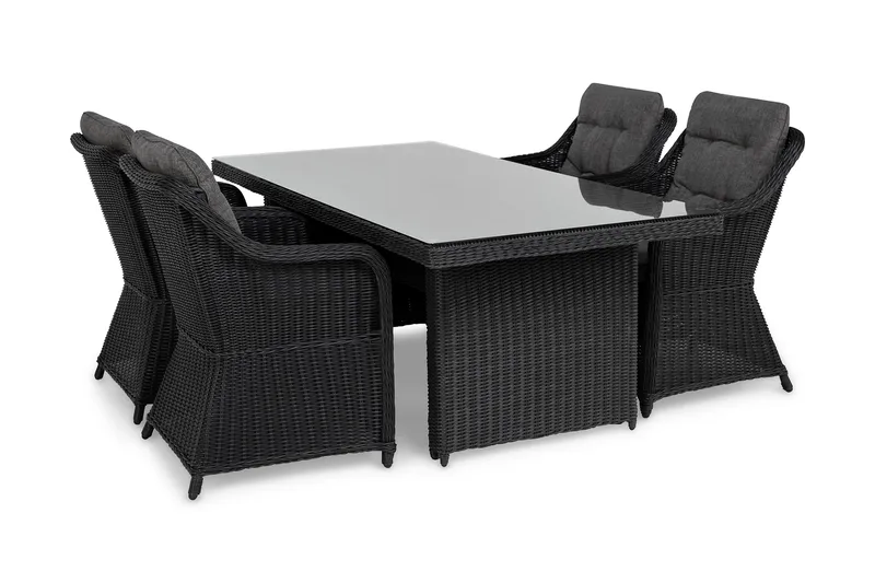 Marcus Spisegruppe 200 + 4 Lenestoler m Pute - Svart - Hagemøbler - Hagegruppe - Spisegrupper hage