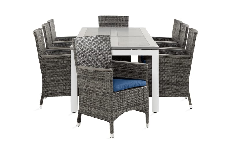 Monaco Spisegruppe 100x220+8 Thor Lyx Stol m Armlene Pute - Hvit/Grå/Aintwood/Blå - Hagemøbler - Hagegruppe - Spisegrupper hage