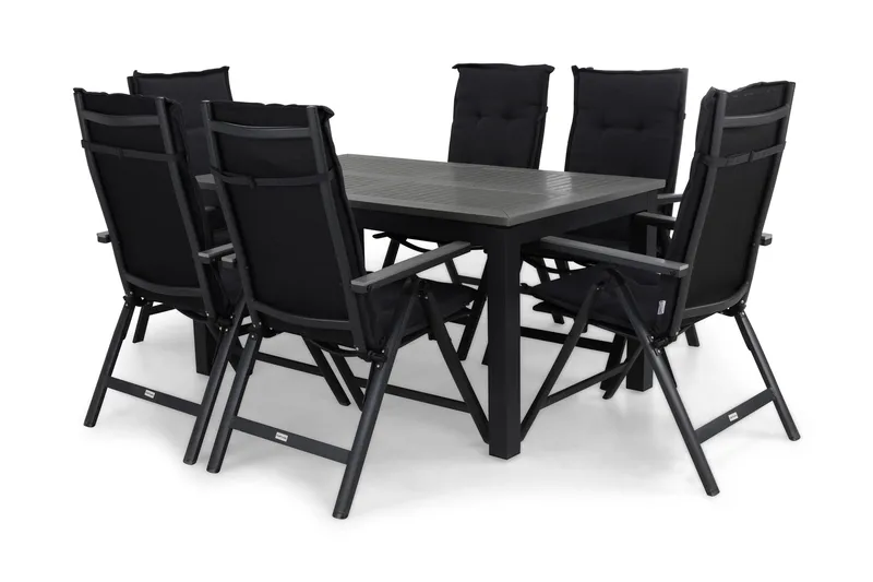 Monaco Spisegruppe 152-210+6 Maggie Posisjonsstoler+Puter, Svart/Grå