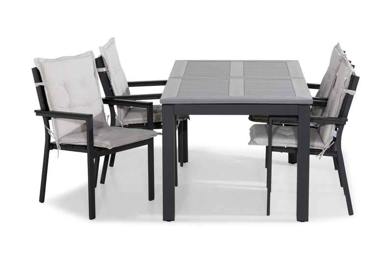 Monaco Spisegruppe 152-210x90 + 4 Tunis Stablestol m Pute - Svart/Offwhite - Hagemøbler - Hagegruppe - Spisegrupper hage