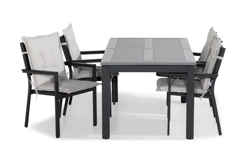 Monaco Spisegruppe 152-210x90 + 4 Tunis Stablestol m Pute, Svart/Offwhite