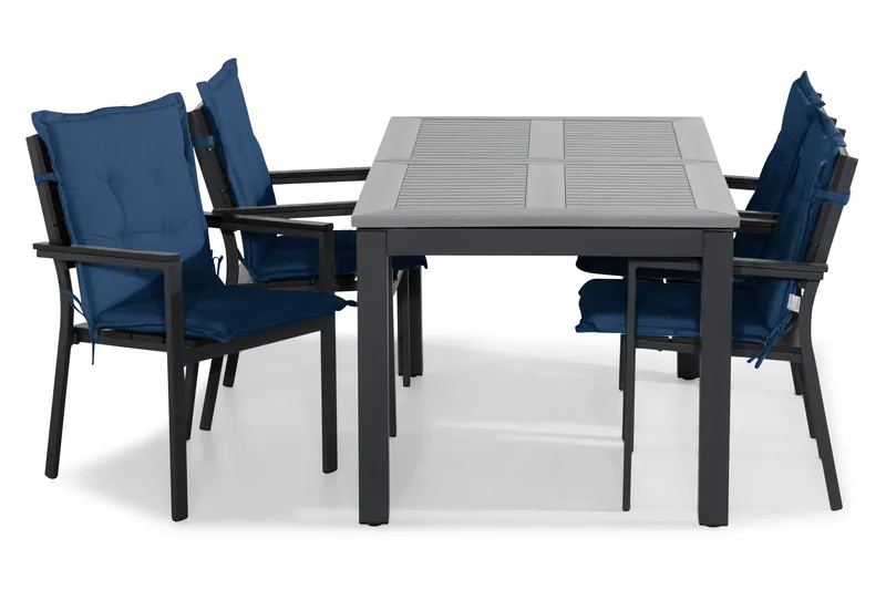 Monaco Spisegruppe 152-210x90 + 4 Tunis Stablestol m Pute, Svart/Blå