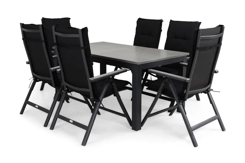 Monaco Spisegruppe 152-210x90 + 6 Monaco Light Stol m Pute, Svart/Grå