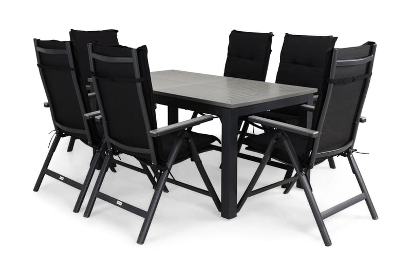 Monaco Spisegruppe 152-210x90 + 6 Monaco Light Stol m Pute, Svart/Grå