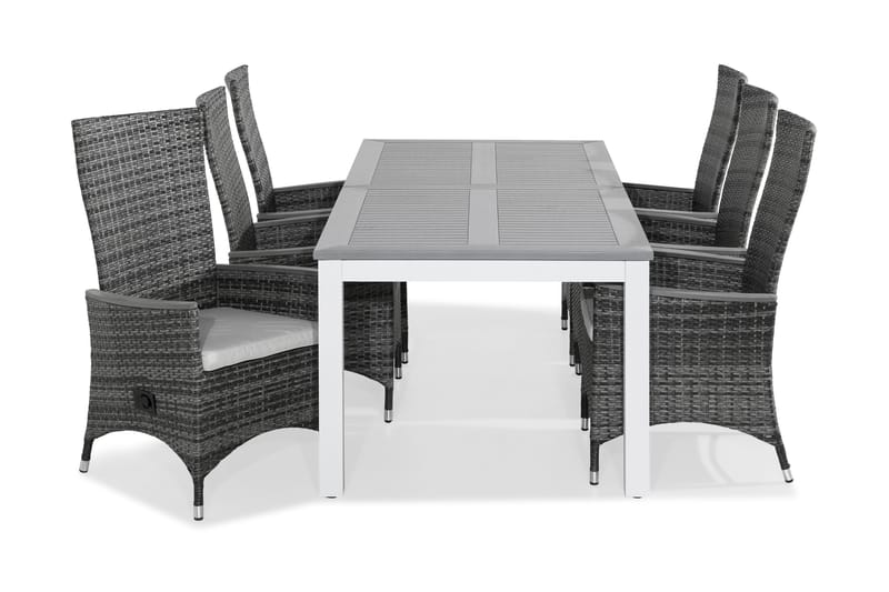 Monaco Spisegruppe 220-280x100 + 6 Jenny Stol Stillbar Pute - Hvit/Grå/Offwhite - Hagemøbler - Hagegruppe - Spisegrupper hage