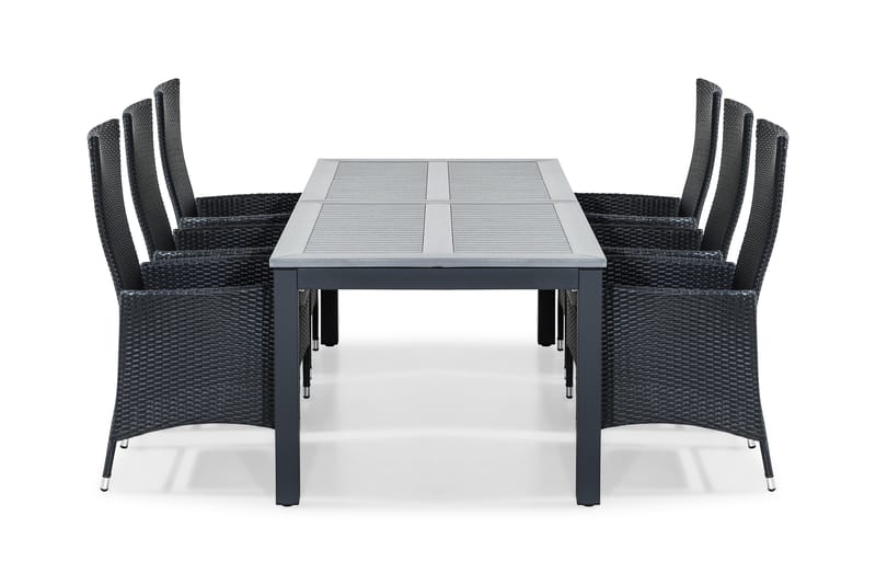 Monaco Spisegruppe 220-280x100 + 6 Jenny Stol Stillbar Pute - Svart/Offwhite - Hagemøbler - Hagegruppe - Spisegrupper hage