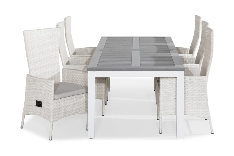 Monaco Spisegruppe 220-280x100 + 6 Jenny Stol Stillbar Pute - Hvit/Offwhite - Hagemøbler - Hagegruppe - Spisegrupper hage