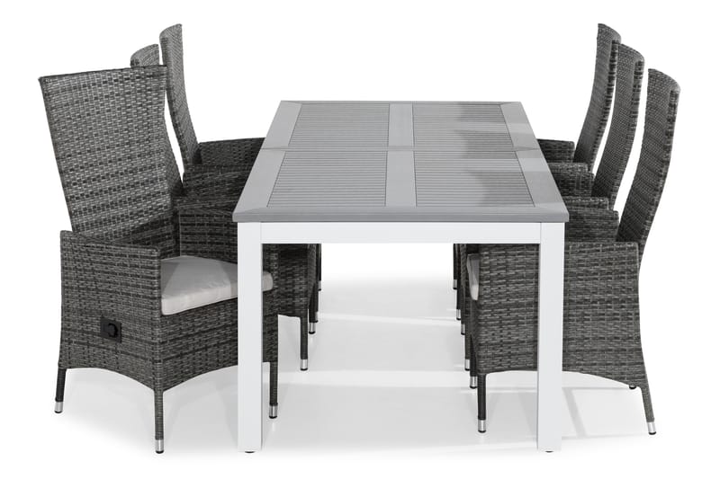 Monaco Spisegruppe 220-280x100 + 6 Jenny Stol Stillbar Pute - Hvit/Grå/Offwhite - Hagemøbler - Hagegruppe - Spisegrupper hage
