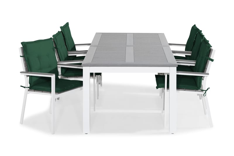 Monaco Spisegruppe 220-280x100 + 6 Tunis Stablestol m Pute - Hvit/Grå/Grønn - Hagemøbler - Hagegruppe - Spisegrupper hage