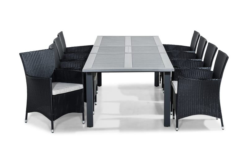 Monaco Spisegruppe 220-280x100 + 8 Thor Stoler m Pute - Svart/Grå - Hagemøbler - Hagegruppe - Spisegrupper hage