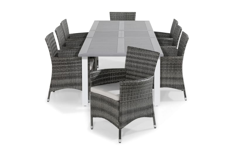 Monaco Spisegruppe 220-280x100 + 8 Thor Stoler m Pute - Hvit/Grå - Hagemøbler - Hagegruppe - Spisegrupper hage