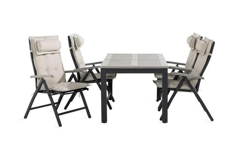 Monaco Spisegruppe 90x152-210+4 Stoler m Pute, Svart/Grå/Offwhite