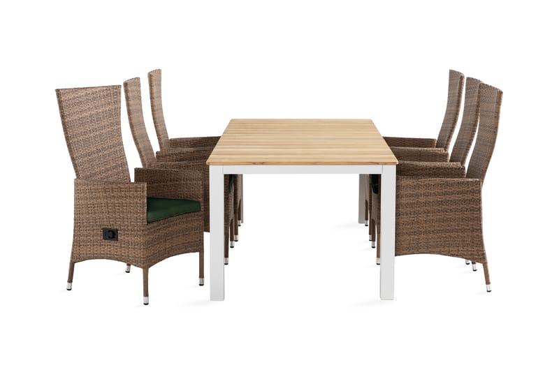 Olive Spisegruppe 210x100 + 6 Jenny Lenestol Stillbar m Pute - Hvit/Teak/Sand/Grønn - Spisegrupper hage