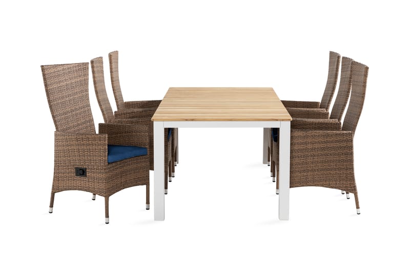 Olive Spisegruppe 210x100 + 6 Jenny Lenestol Stillbar m Pute - Hvit/Teak/Sand/Blå - Hagemøbler - Hagegruppe - Spisegrupper hage