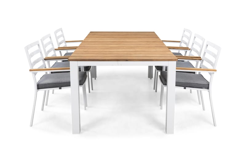Olive Spisegruppe 210x100 + 6 Stoler m Pute - Teak/Hvit/Grå - Hagemøbler - Hagegruppe - Spisegrupper hage