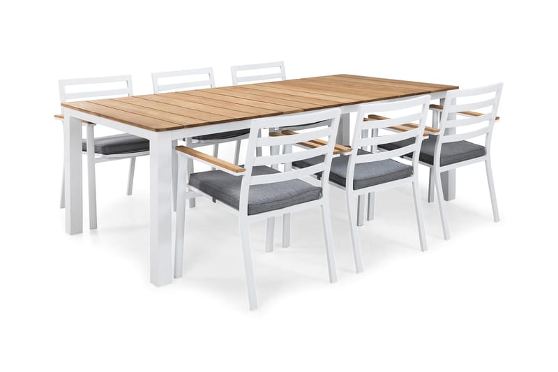 Olive Spisegruppe 210x100 + 6 Stoler m Pute - Teak/Hvit/Grå - Hagemøbler - Hagegruppe - Spisegrupper hage
