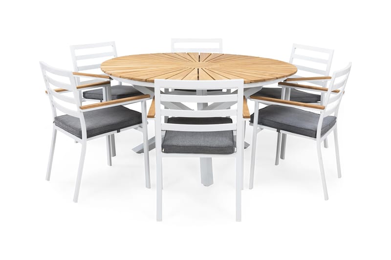 Oliver Spisegruppe Ø140+6 Stoler+Puter - Teak/Hvit - Hagemøbler - Hagegruppe - Spisegrupper hage