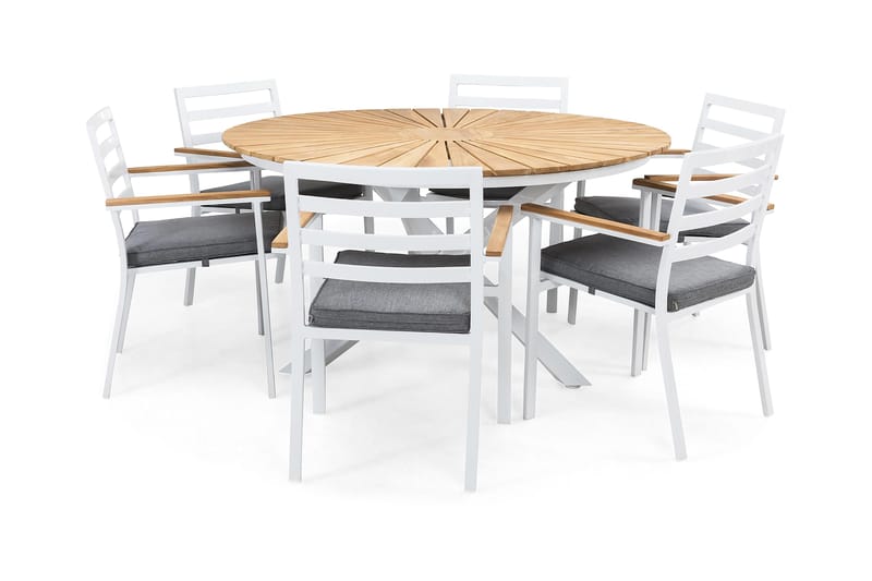 Oliver Spisegruppe Ø140+6 Stoler+Puter - Teak/Hvit - Hagemøbler - Hagegruppe - Spisegrupper hage