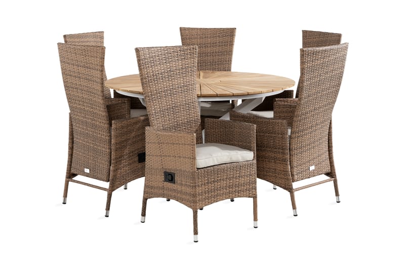 Oliver Spisegruppe 140 Rund+6 Jenny Stol Stillbar m Pute - Hvit/Teak/Sand - Hagemøbler - Hagegruppe - Spisegrupper hage