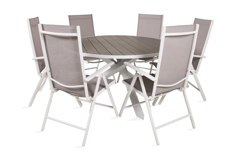 Parma Spisegruppe Rund Ø140cm + 6 Break Posisjonsstoler - Hvit/Grå - Hagemøbler - Hagegruppe - Spisegrupper hage