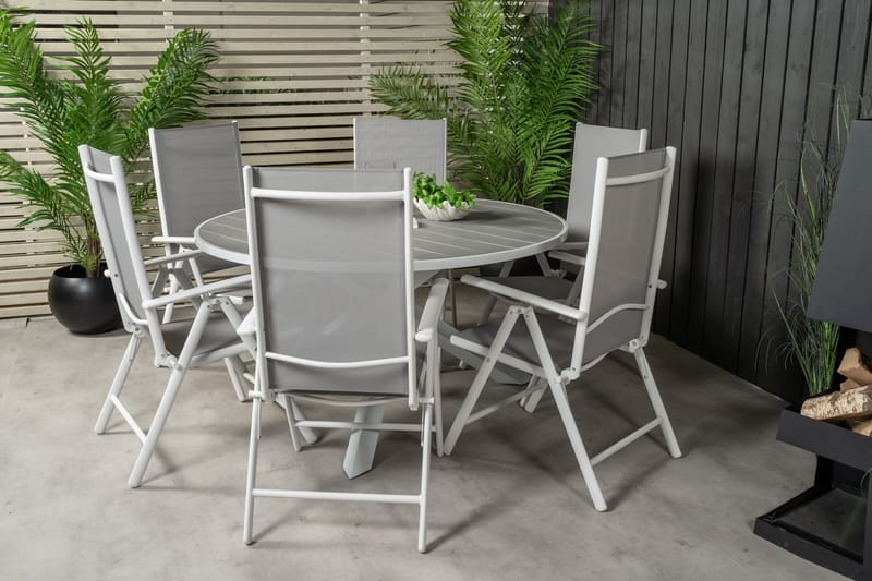 Parma Spisegruppe Rund Ø140cm + 6 Break Posisjonsstoler - Hvit/Grå - Hagemøbler - Hagegruppe - Spisegrupper hage