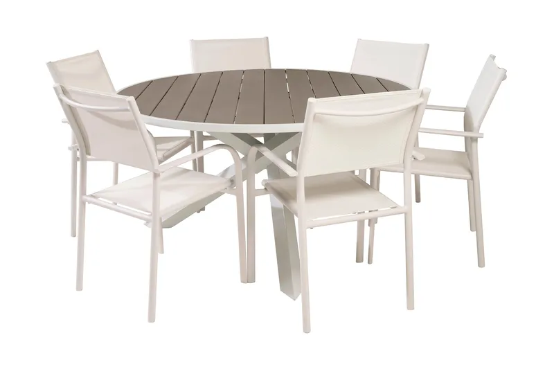 Parma Spisegruppe Rund Ø140cm + 6 Santorini Karmstoler, Hvit