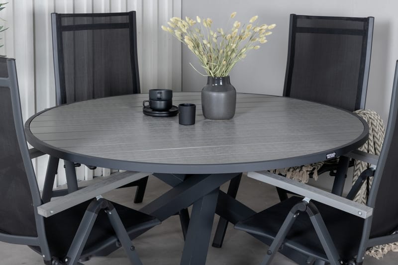 Parma Spisegruppe Rund 140cm+4 Albany Posisjonsstoler - Svart/Grå - Hagemøbler - Hagegruppe - Spisegrupper hage