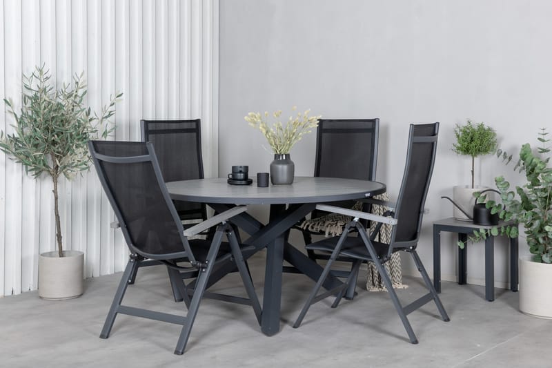 Parma Spisegruppe Rund 140cm+4 Albany Posisjonsstoler - Svart/Grå - Hagemøbler - Hagegruppe - Spisegrupper hage