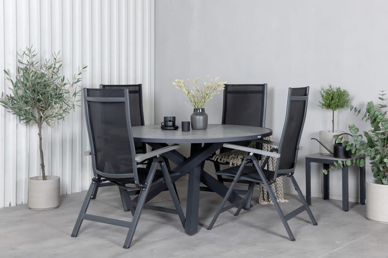Parma Spisegruppe Rund 140cm+4 Albany Posisjonsstoler - Svart/Grå - Hagemøbler - Hagegruppe - Spisegrupper hage