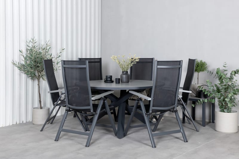 Parma Spisegruppe Rund 140cm+6 Albany Posisjonsstoler - Svart/Grå - Hagemøbler - Hagegruppe - Spisegrupper hage