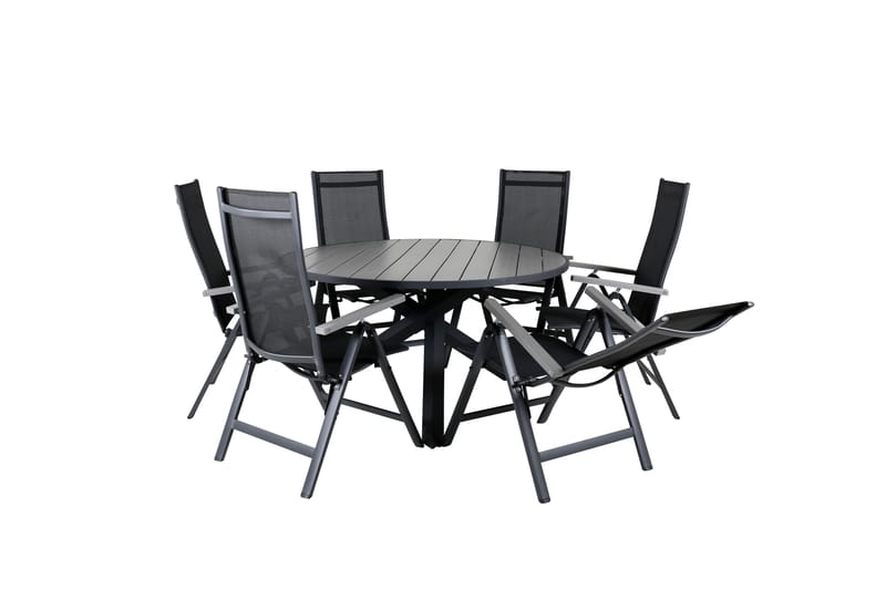 Parma Spisegruppe Rund 140cm+6 Albany Posisjonsstoler - Svart/Grå - Hagemøbler - Hagegruppe - Spisegrupper hage