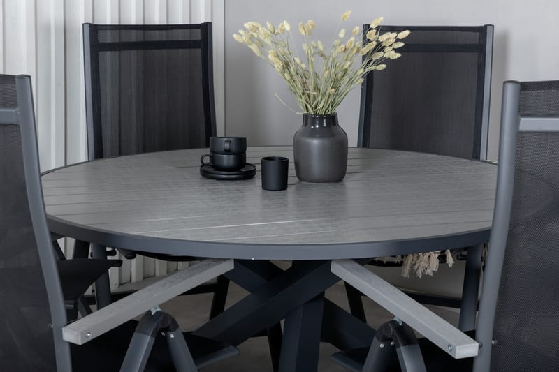 Parma Spisegruppe Rund 140cm+6 Albany Posisjonsstoler - Svart/Grå - Hagemøbler - Hagegruppe - Spisegrupper hage