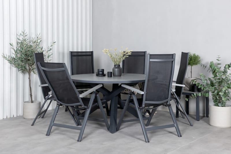 Parma Spisegruppe Rund 140cm+6 Albany Posisjonsstoler - Svart/Grå - Hagemøbler - Hagegruppe - Spisegrupper hage