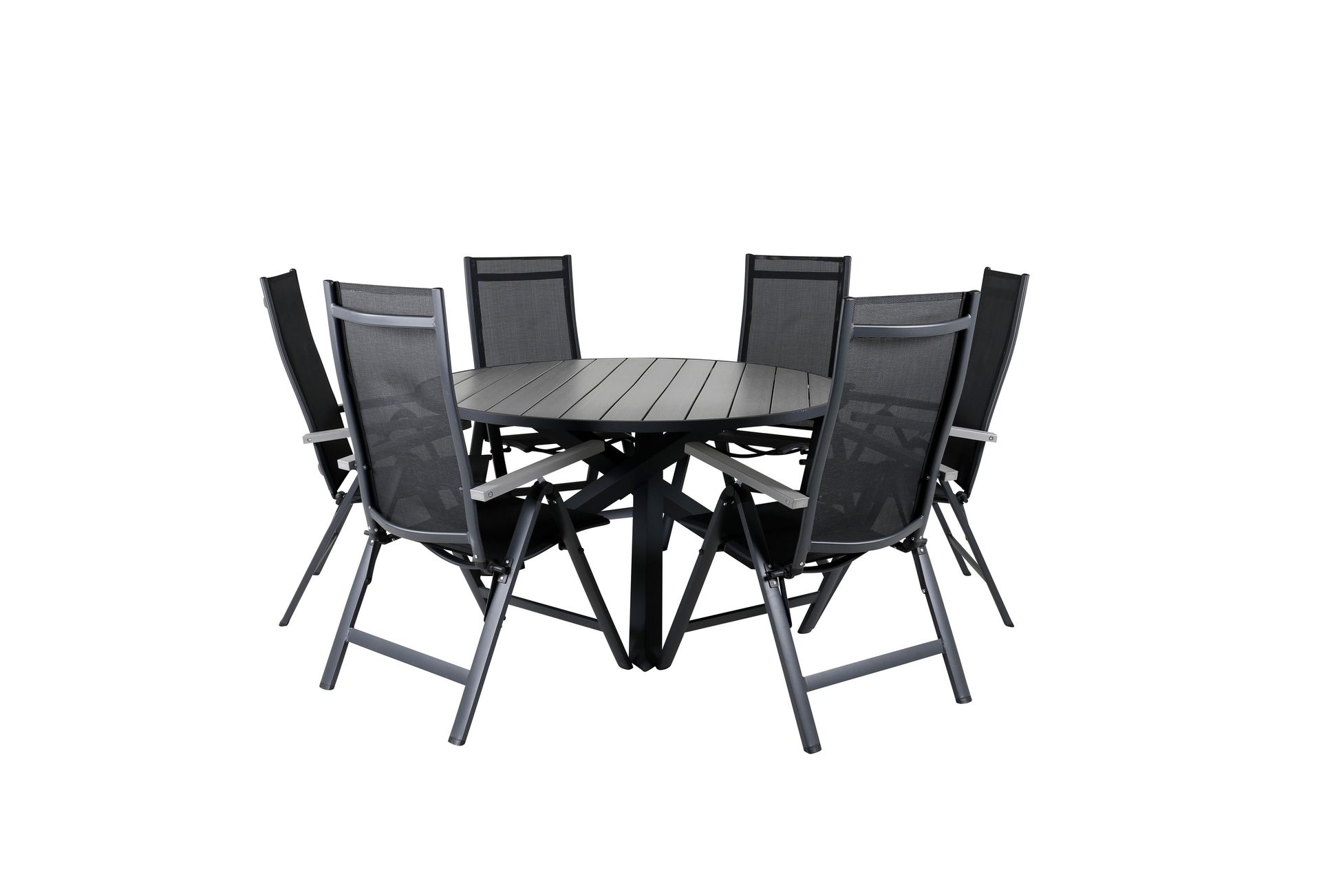 Parma Spisegruppe Rund 140cm+6 Albany Posisjonsstoler - Svart/Grå - Hagemøbler - Hagegruppe - Spisegrupper hage