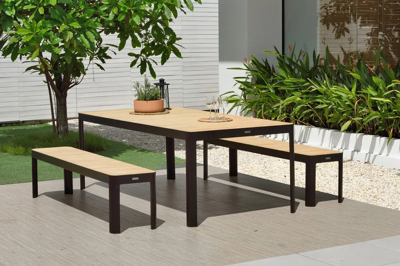 Portals Spisegruppe 161 cm + 2 Benker - Svart / Tre - Hagemøbler - Hagegruppe - Spisegrupper hage