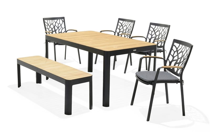 Portals Spisegruppe 161 cm + 4 Karmstoler + Benk - Svart / Tre - Hagemøbler - Hagegruppe - Spisegrupper hage