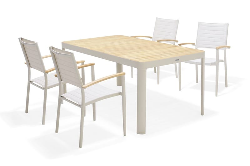 Portals Spisegruppe 161 cm + 4 Karmstoler - Hvit / Tre - Hagemøbler - Hagegruppe - Spisegrupper hage