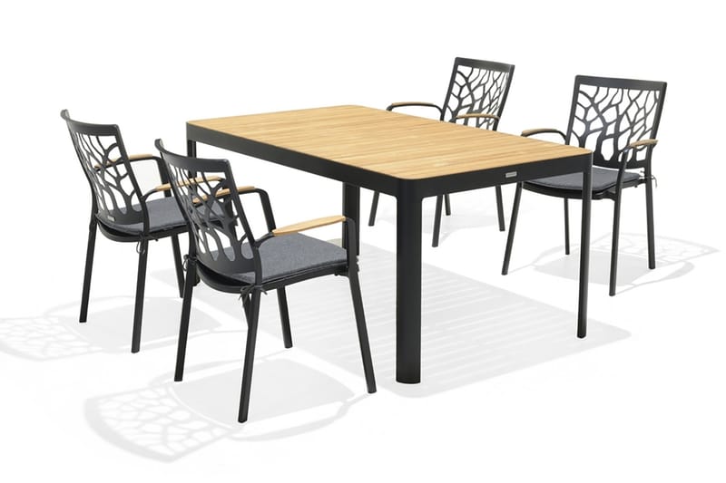 Portals Spisegruppe 161 cm + 4 Karmstoler - Svart / Tre - Hagemøbler - Hagegruppe - Spisegrupper hage