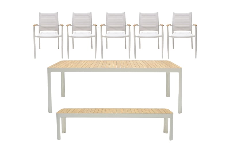 Portals Spisegruppe 209 cm + 5 Karmstoler + Benk - Hvit / Tre - Hagemøbler - Hagegruppe - Spisegrupper hage