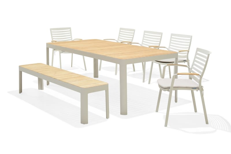 Portals Spisegruppe 209 cm + 5 Stoler + Benk - Hvit / Tre - Hagemøbler - Hagegruppe - Spisegrupper hage