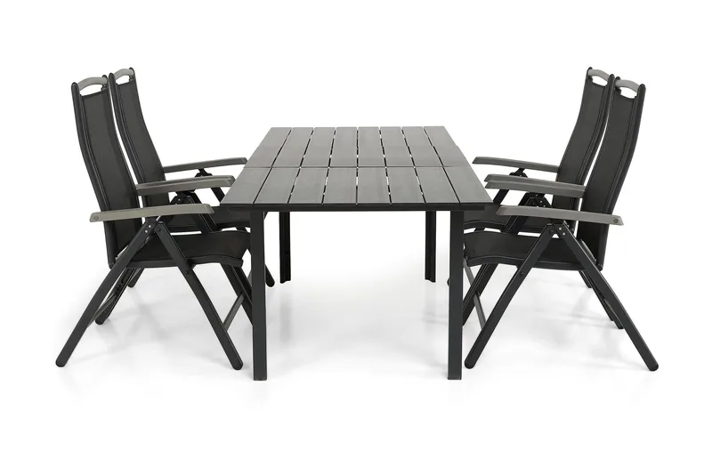 Portland Spisegruppe 152-210x90 + 4 Monaco Lyx Posisjonsstol, Svart/Grå