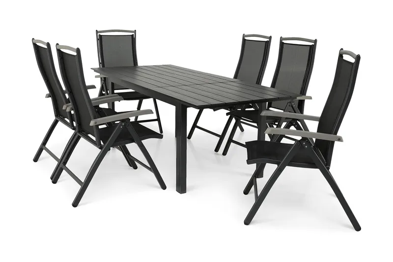 Portland Spisegruppe 152-210x90 + 6 Monaco Lyx Posisjonsstol - Svart/Grå - Hagemøbler - Hagegruppe - Spisegrupper hage