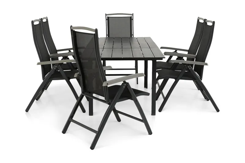 Portland Spisegruppe 152-210x90 + 6 Monaco Lyx Posisjonsstol, Svart/Grå