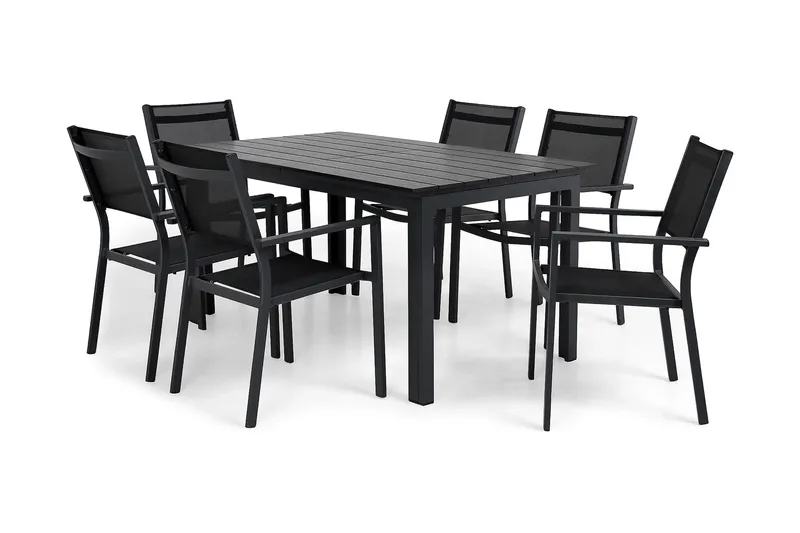 Portland Spisegruppe 152-210x90 + 6 Sierra Stablestol - Svart - Hagemøbler - Hagegruppe - Spisegrupper hage