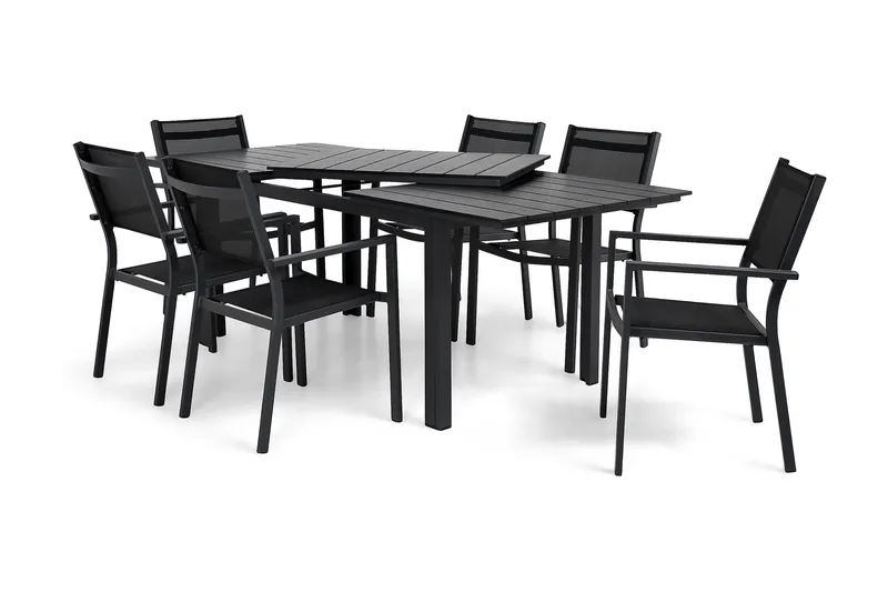 Portland Spisegruppe 152-210x90 + 6 Sierra Stablestol - Svart - Hagemøbler - Hagegruppe - Spisegrupper hage