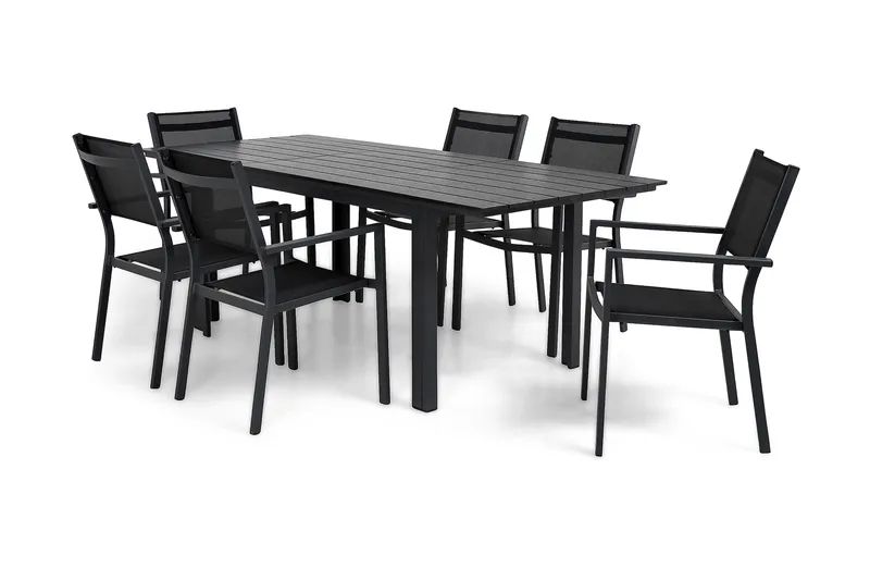 Portland Spisegruppe 152-210x90 + 6 Sierra Stablestol - Svart - Hagemøbler - Hagegruppe - Spisegrupper hage