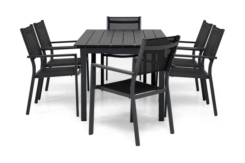 Portland Spisegruppe 152-210x90 + 6 Sierra Stablestol - Svart - Hagemøbler - Hagegruppe - Spisegrupper hage