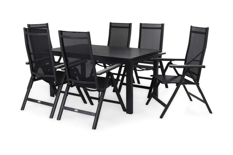 Portland Spisegruppe 152-210x90+6 Monaco Light Posisjonsstol - Svart/Grå - Hagemøbler - Hagegruppe - Spisegrupper hage